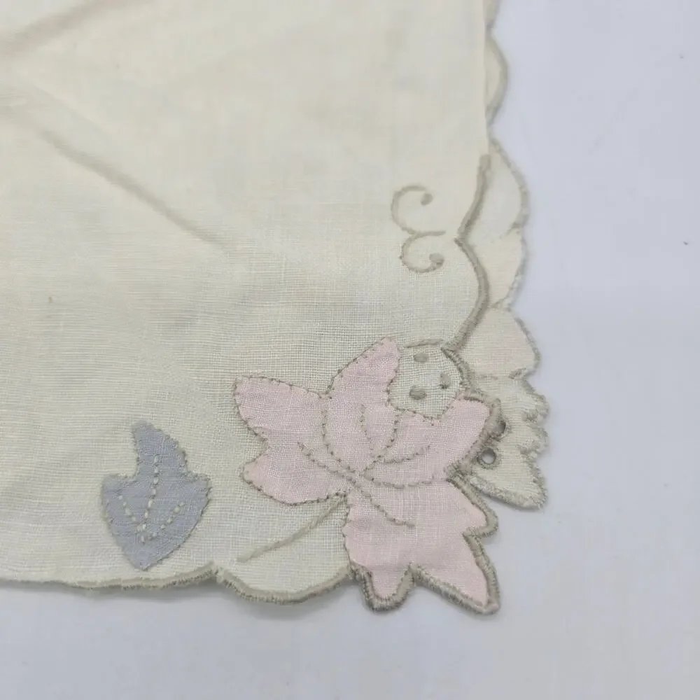 Ivory Vintage Linen Table Runner Floral Embroidery 31